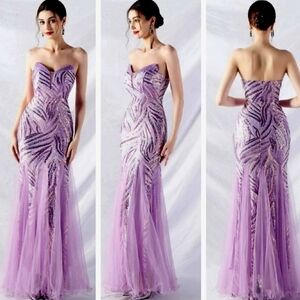 Purple, Striped Print, Sleeveless, Backless, Contrast Sequined Merma…